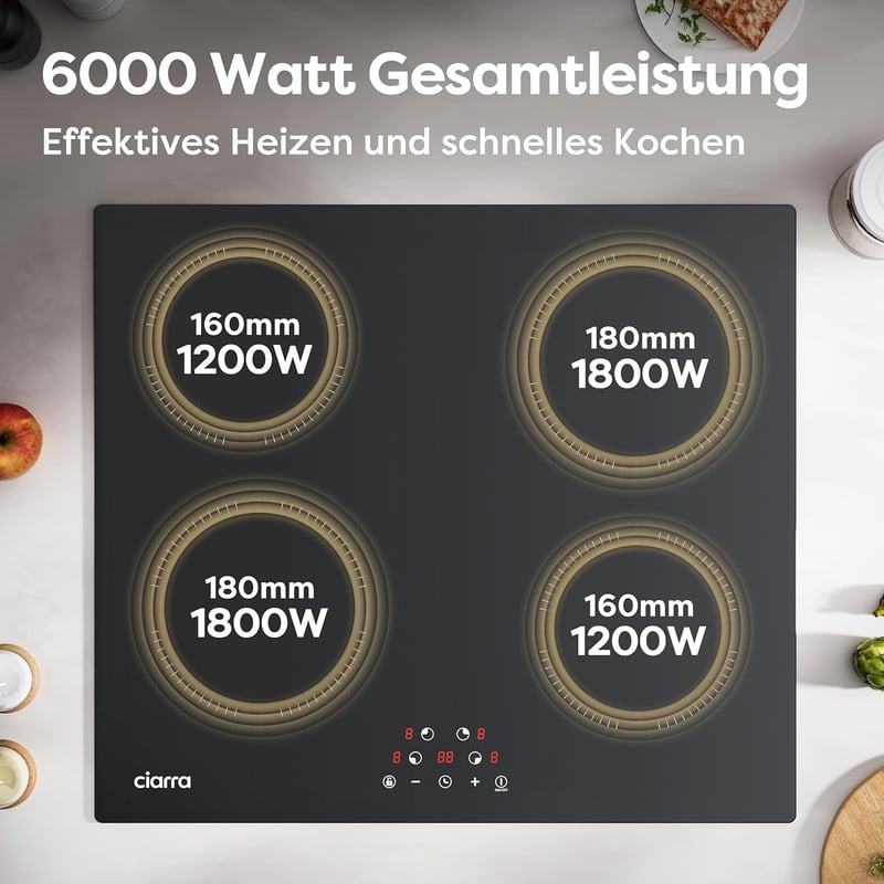 CIARRA CABBIH4 Beépíthető Indukciós Főzőlap 60cm - 4 Zónás, 9 Teljesítményszintű, Időzítővel, Érintőpanellel, 6000W, Fekete
