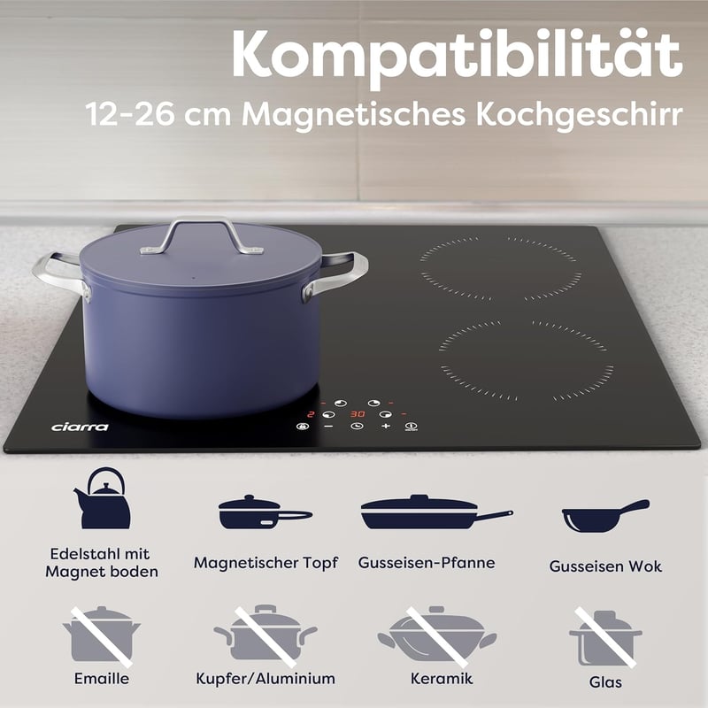 CIARRA CABBIH4 Beépíthető Indukciós Főzőlap 60cm - 4 Zónás, 9 Teljesítményszintű, Időzítővel, Érintőpanellel, 6000W, Fekete