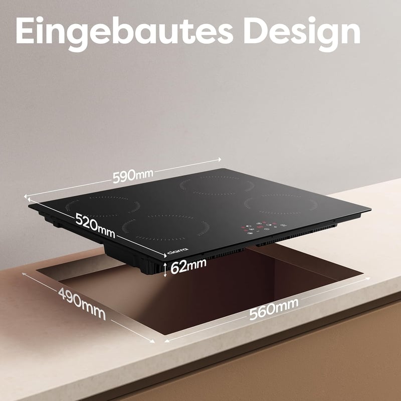 CIARRA CABBIH4 Beépíthető Indukciós Főzőlap 60cm - 4 Zónás, 9 Teljesítményszintű, Időzítővel, Érintőpanellel, 6000W, Fekete