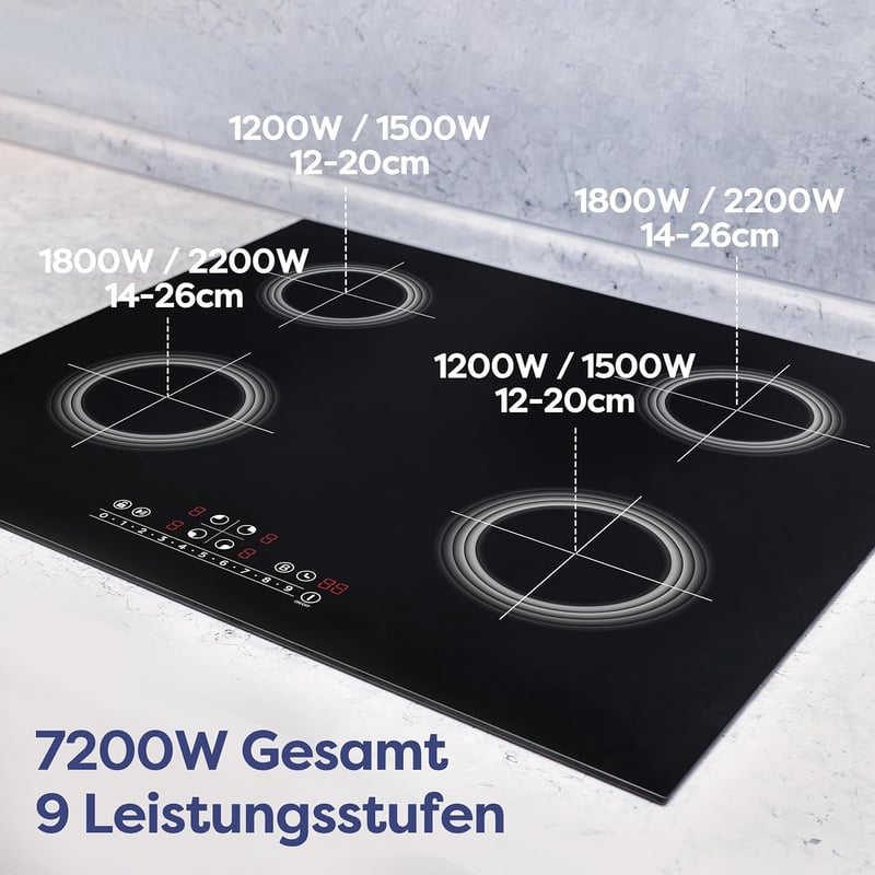 Plită cu Inducție CIARRA - 4 Zone, Suprafață din Vitroceramică Neagră, Control Tactil, 9 Nivele de Putere, cu Funcție Timer