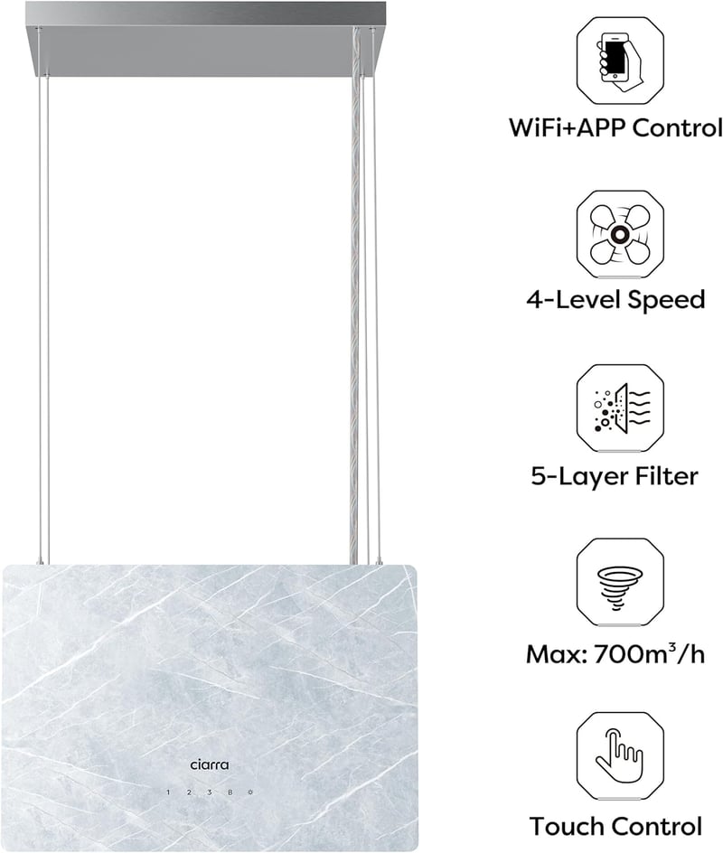 Ciarra Pinnacle 48cm Szigetközi Páraelszívó 700m³/h WiFi APP Érintésvezérlés Mármor