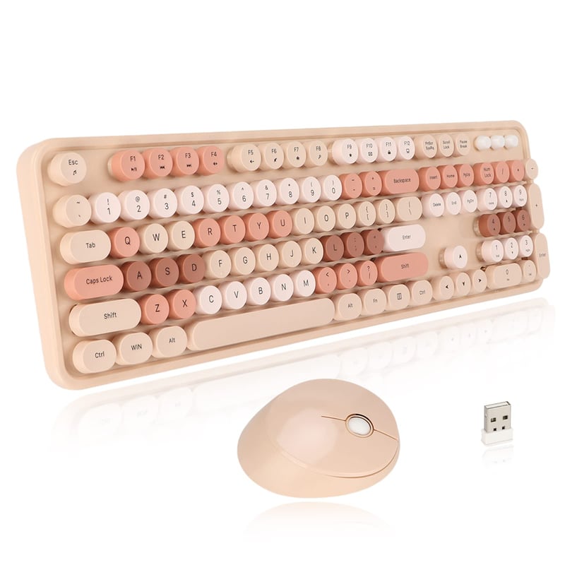 Set tastatură și mouse wireless ciciglow în stil mașină de scris retro, 104 taste, cu tastatură numerică, culoare mixtă Sweet Milk Tea