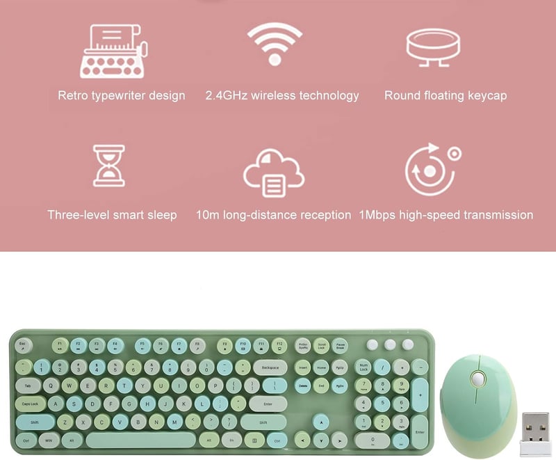 ciciglow Wireless Billentyűzet és Egér Szett, Színes Írógép Stílusú Billentyűzet Numerikus Billentyűzettel, USB Kawaii Billentyűzet Laptop P