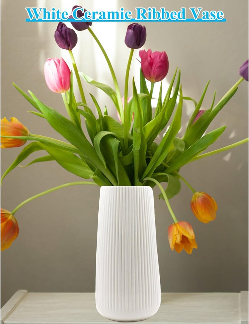 CiciIng fehér kerámia váza 20cm bordázott modern virágváza boho dekoráció - 20CM-Ribbed
