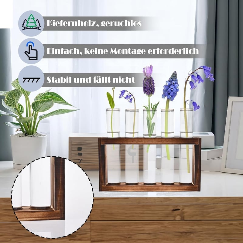 Cieex Vintage Virágváza Üvegcsövek Fa Állvánnyal Hidropónia Dekoráció - Modern Reagenzgläser Vasen