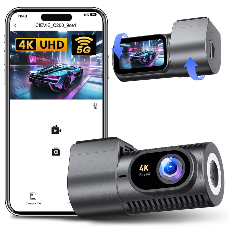 Autokamera Cievie C200 4K so 64 GB SD kartou, 5 GHz Wi-Fi, 360° otočná, 1,5" IPS displej, WDR nočné videnie, 24/7 parkovací režim