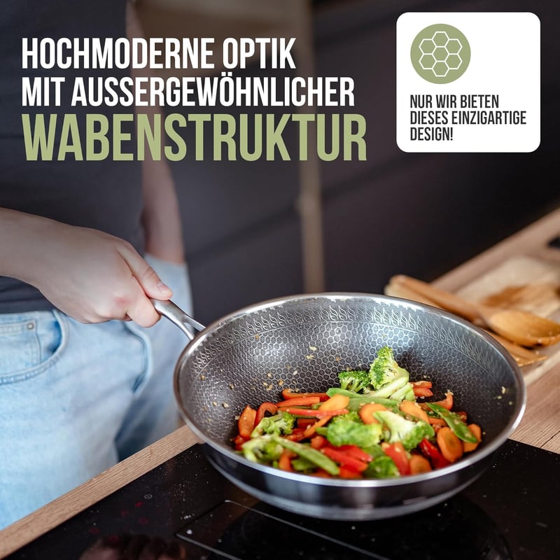 CioMond 28 cm indukciós wok serpenyő rozsdamentes acél méhsejt bevonattal - Ohne Deckel, CioMond's WOK Chef Delux
