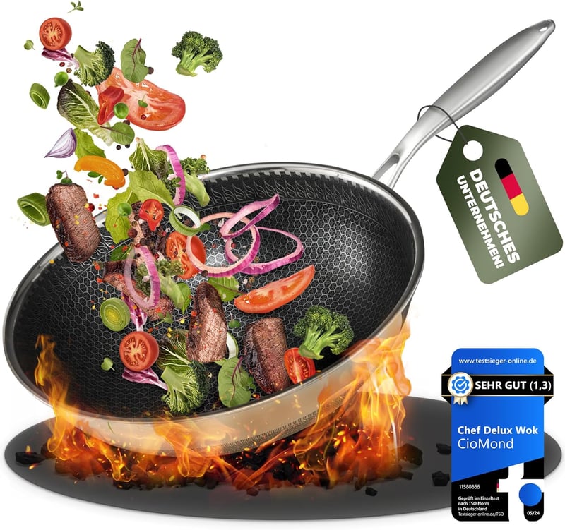 CioMond 28 cm indukciós wok serpenyő rozsdamentes acél méhsejt bevonattal - Ohne Deckel, CioMond's WOK Chef Delux