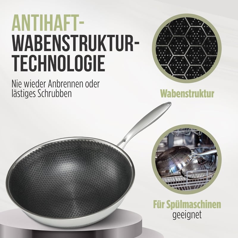 CioMond 28 cm indukciós wok serpenyő rozsdamentes acél méhsejt bevonattal - Ohne Deckel, CioMond's WOK Chef Delux