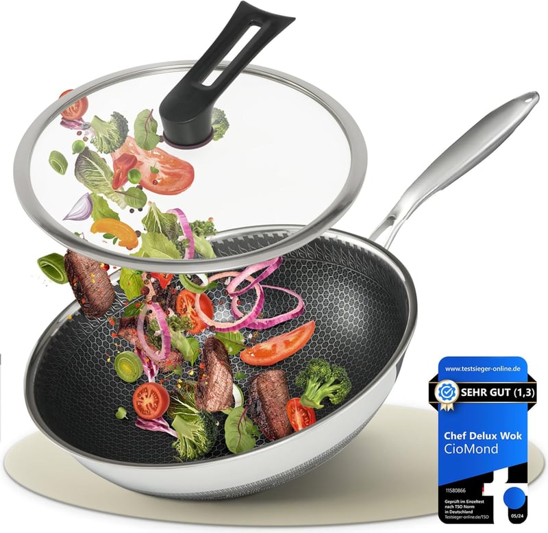 CioMond Wok Serpenyő 28cm Indukciós Rozsdamentes Méhsejt Bevonattal - Mit Deckel, CioMond's WOK Chef Delux