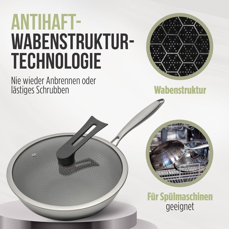 CioMond Wok Serpenyő 28cm Indukciós Rozsdamentes Méhsejt Bevonattal - Mit Deckel, CioMond's WOK Chef Delux