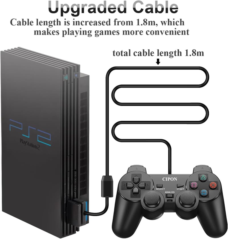 Cipon Vezetékes játékkontroller PS-2 konzolhoz, fekete gamepad, 1,8 m kábel, analóg karokkal