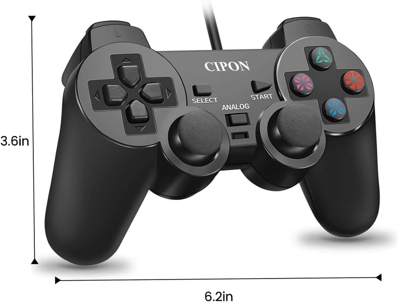 Cipon Vezetékes játékkontroller PS-2 konzolhoz, fekete gamepad, 1,8 m kábel, analóg karokkal