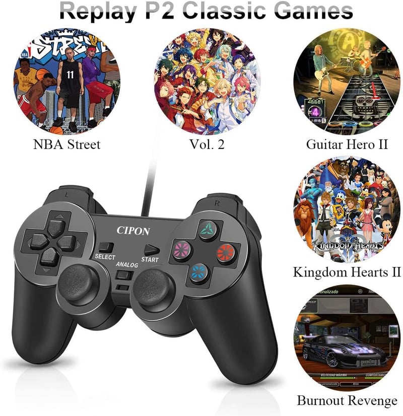 Cipon Vezetékes játékkontroller PS-2 konzolhoz, fekete gamepad, 1,8 m kábel, analóg karokkal