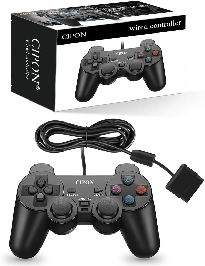 Cipon Vezetékes játékkontroller PS-2 konzolhoz, fekete gamepad, 1,8 m kábel, analóg karokkal