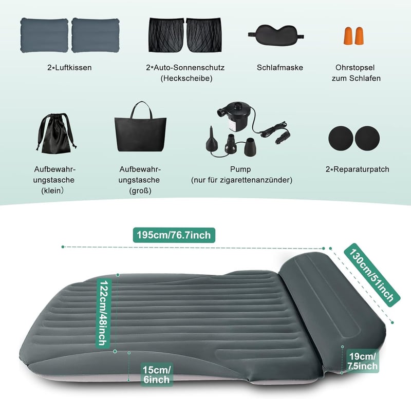 Ciremiv Autós Felfújható Matrac Pumpával - Dupla Oldali Zöld-Szürke Kempingmatrac SUV-hoz, Utazáshoz, Teljes Kiegészítő Szett - Double-sided Flocking Green + Grey