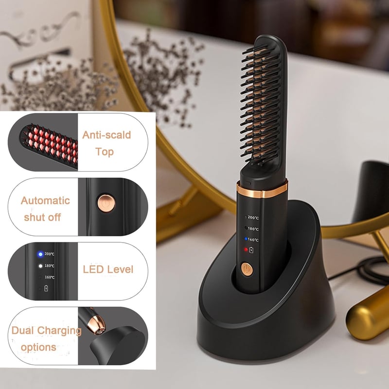CISSIYOG Vezeték Nélküli Hajegyenesítő Kefe - Hordozható Mini Hajvasaló Utazáshoz, USB-C Tölthető, Gyorsan Melegedő Szakállformázó