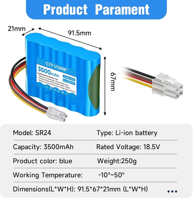 CITYORK 3500 mAh Robotfűnyíró Akkumulátor Gardena Sileno R100Li/R130Li/R160Li és Husqvarna Automower 310/315/315X modellekhez, Li-ion 18,5V