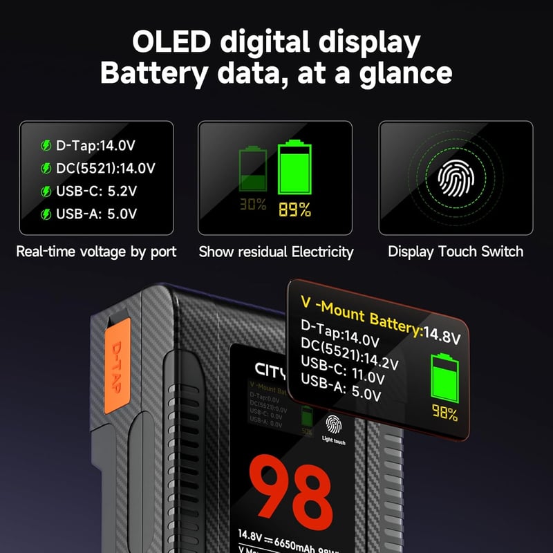 CITYORK V Mount 6650mAh 98Wh Akkumulátor OLED Kijelzővel D-TAP USB Kimenettel