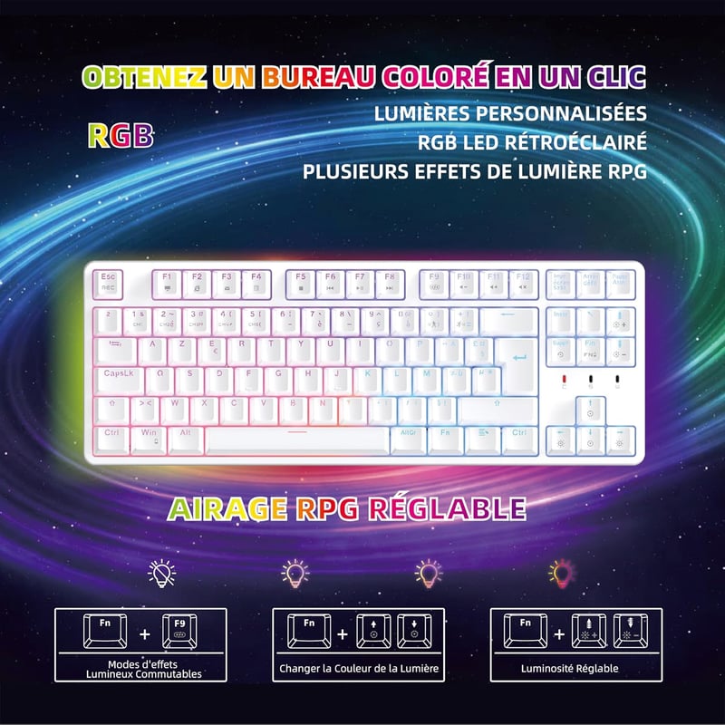 CIY X77 Mechanikus RGB Gamer Billentyűzet, Kék Switch, AZERTY, Fehér