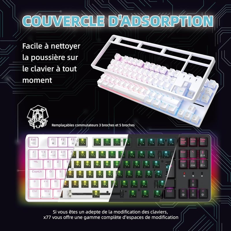 CIY X77 Mechanikus RGB Gamer Billentyűzet, Kék Switch, AZERTY, Fehér