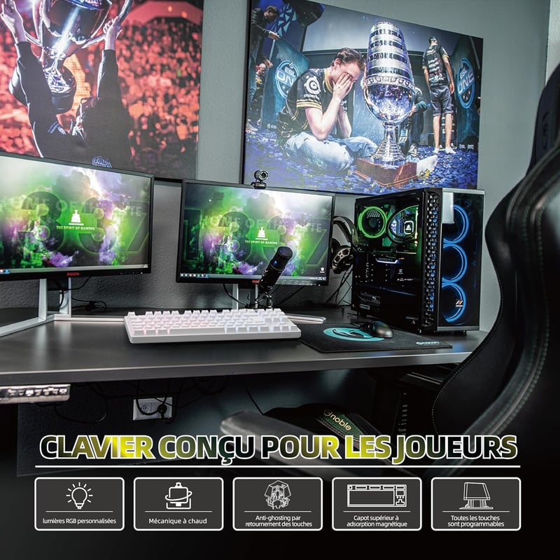 CIY X77 Mechanikus RGB Gamer Billentyűzet, Kék Switch, AZERTY, Fehér