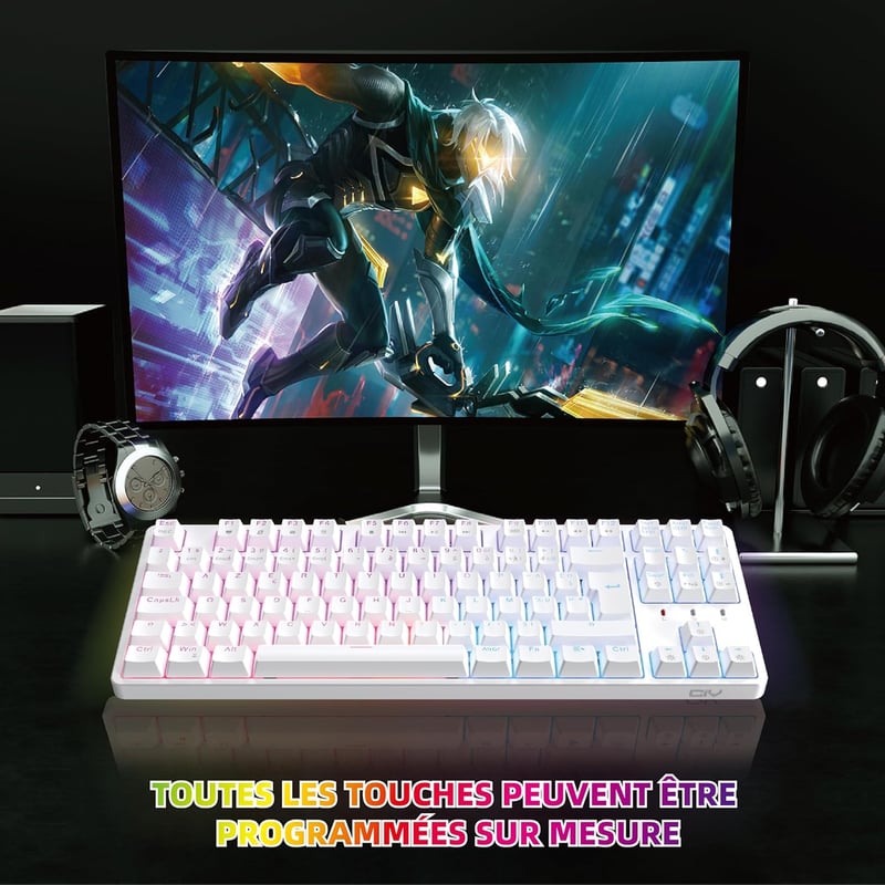 CIY X77 Mechanikus RGB Gamer Billentyűzet, Kék Switch, AZERTY, Fehér