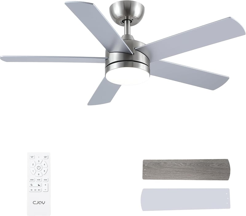 CJOY 107 cm Mennyezeti Ventilátor Lámpával - Ezüst/Fa, Távirányítós, 3 Színhőmérséklet, 5 Lapát, Csendes DC Motor, Hálószobába, Nappaliba