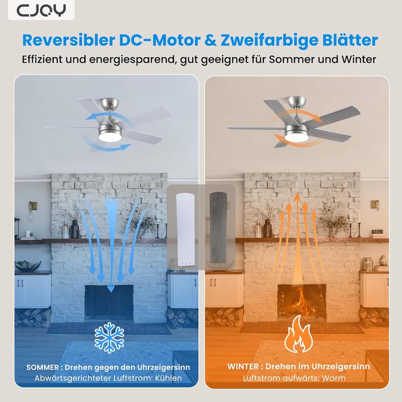 CJOY 107 cm Mennyezeti Ventilátor Lámpával - Ezüst/Fa, Távirányítós, 3 Színhőmérséklet, 5 Lapát, Csendes DC Motor, Hálószobába, Nappaliba