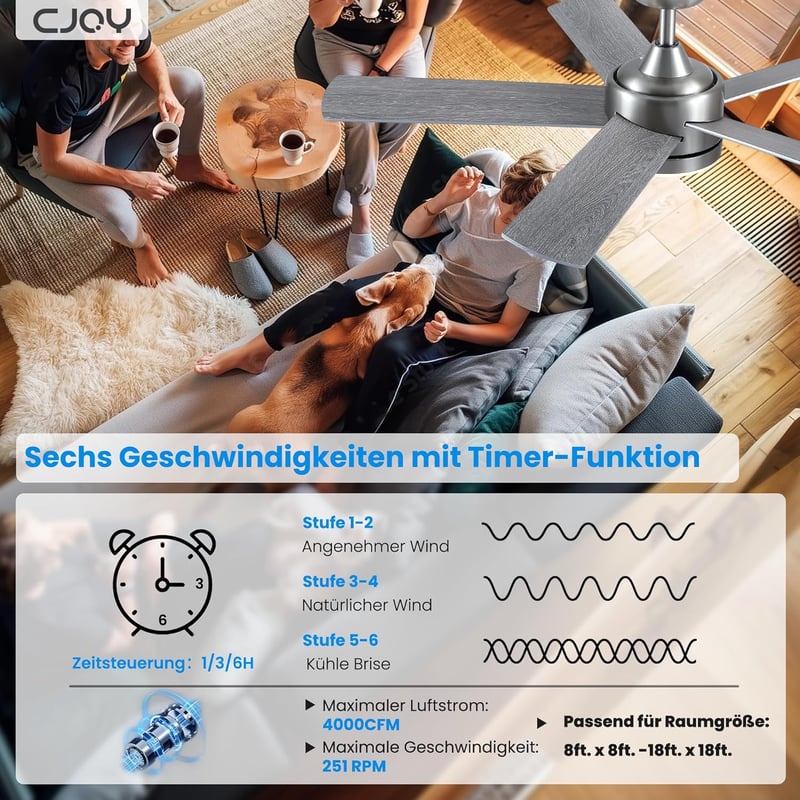 CJOY 107 cm Mennyezeti Ventilátor Lámpával - Ezüst/Fa, Távirányítós, 3 Színhőmérséklet, 5 Lapát, Csendes DC Motor, Hálószobába, Nappaliba