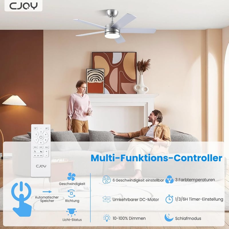 CJOY 107 cm Mennyezeti Ventilátor Lámpával - Ezüst/Fa, Távirányítós, 3 Színhőmérséklet, 5 Lapát, Csendes DC Motor, Hálószobába, Nappaliba