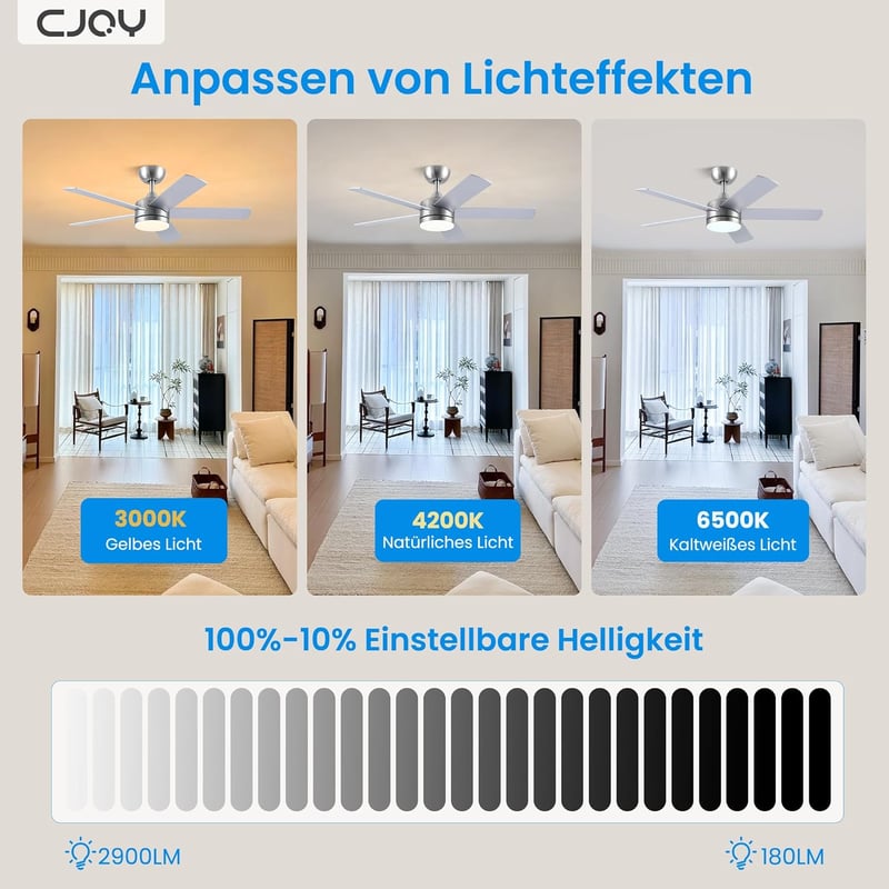 CJOY 107 cm Mennyezeti Ventilátor Lámpával - Ezüst/Fa, Távirányítós, 3 Színhőmérséklet, 5 Lapát, Csendes DC Motor, Hálószobába, Nappaliba
