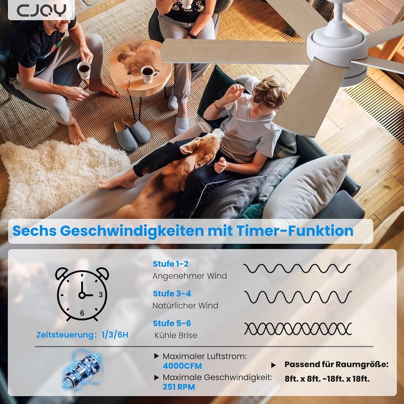 CJOY 107 cm Mennyezeti Ventilátor Lámpával, Fehér/Fa, Távirányítóval, 3 Színhőmérséklet