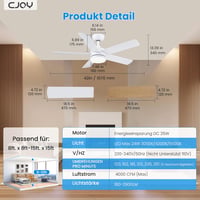 CJOY 107 cm Mennyezeti Ventilátor Lámpával, Fehér/Fa, Távirányítóval, 3 Színhőmérséklet 7
