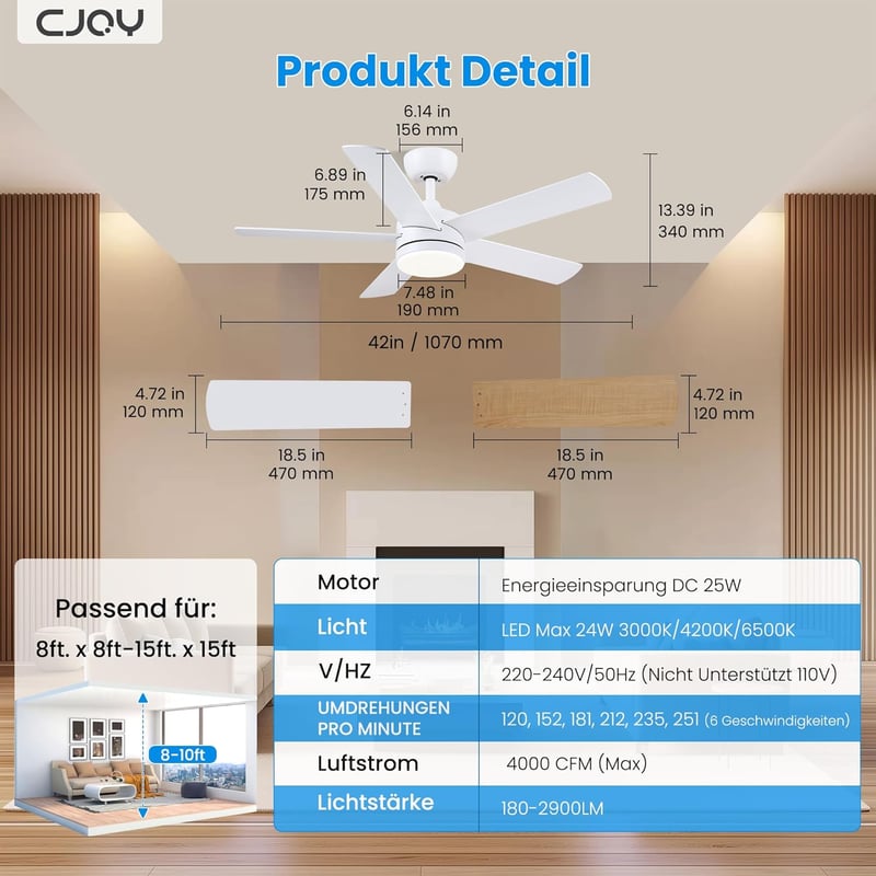 CJOY 107 cm Mennyezeti Ventilátor Lámpával, Fehér/Fa, Távirányítóval, 3 Színhőmérséklet