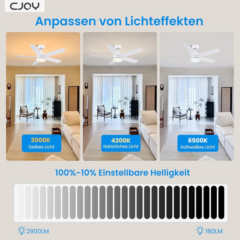 CJOY 107 cm Mennyezeti Ventilátor Lámpával, Fehér/Fa, Távirányítóval, 3 Színhőmérséklet