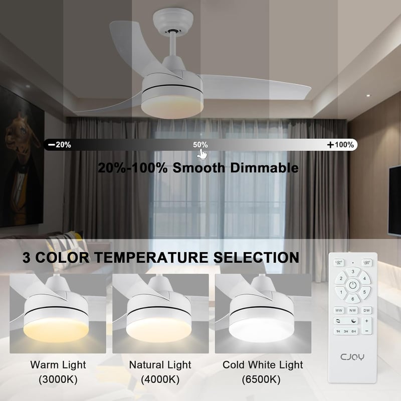 CJOY 107 cm Mennyezeti Ventilátor Világítással, Távirányítóval, 6 Fokozat, Csendes Működés - 107 Cm-ivory White