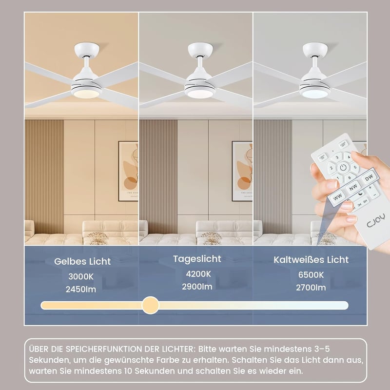 CJOY 122 cm fehér mennyezeti ventilátor távirányítóval, LED világítás, 6 fokozat, halványítható - White