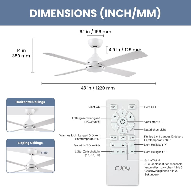 CJOY 122 cm fehér mennyezeti ventilátor távirányítóval, LED világítás, 6 fokozat, halványítható - White