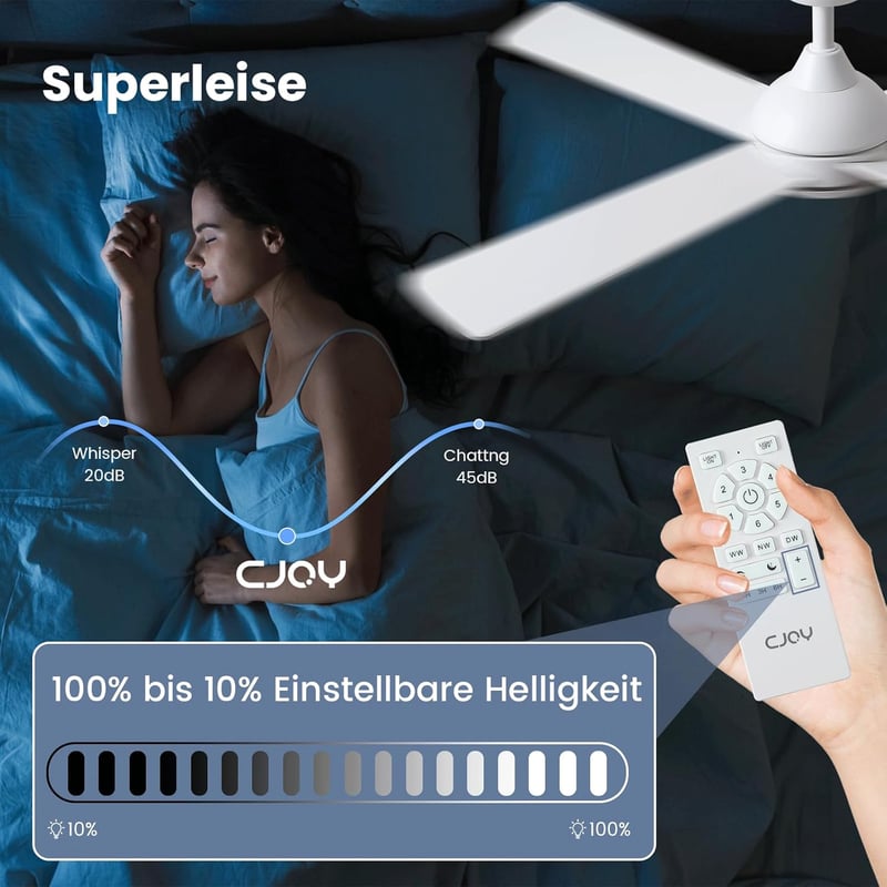 CJOY 122 cm fehér mennyezeti ventilátor távirányítóval, LED világítás, 6 fokozat, halványítható - White