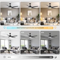 CJOY 132 cm Fekete Mennyezeti Ventilátor Világítással - 3 Színhőmérséklet, 3 Sebesség, Távirányítóval, Csendes Működés, Időzítő, LED Lámpa 2