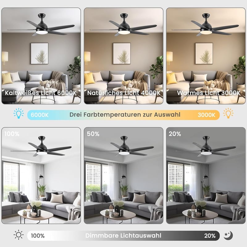CJOY 132 cm Fekete Mennyezeti Ventilátor Világítással - 3 Színhőmérséklet, 3 Sebesség, Távirányítóval, Csendes Működés, Időzítő, LED Lámpa