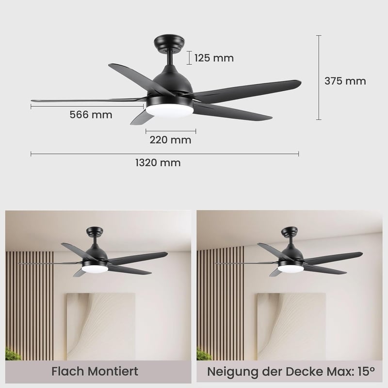 CJOY 132 cm Fekete Mennyezeti Ventilátor Világítással - 3 Színhőmérséklet, 3 Sebesség, Távirányítóval, Csendes Működés, Időzítő, LED Lámpa