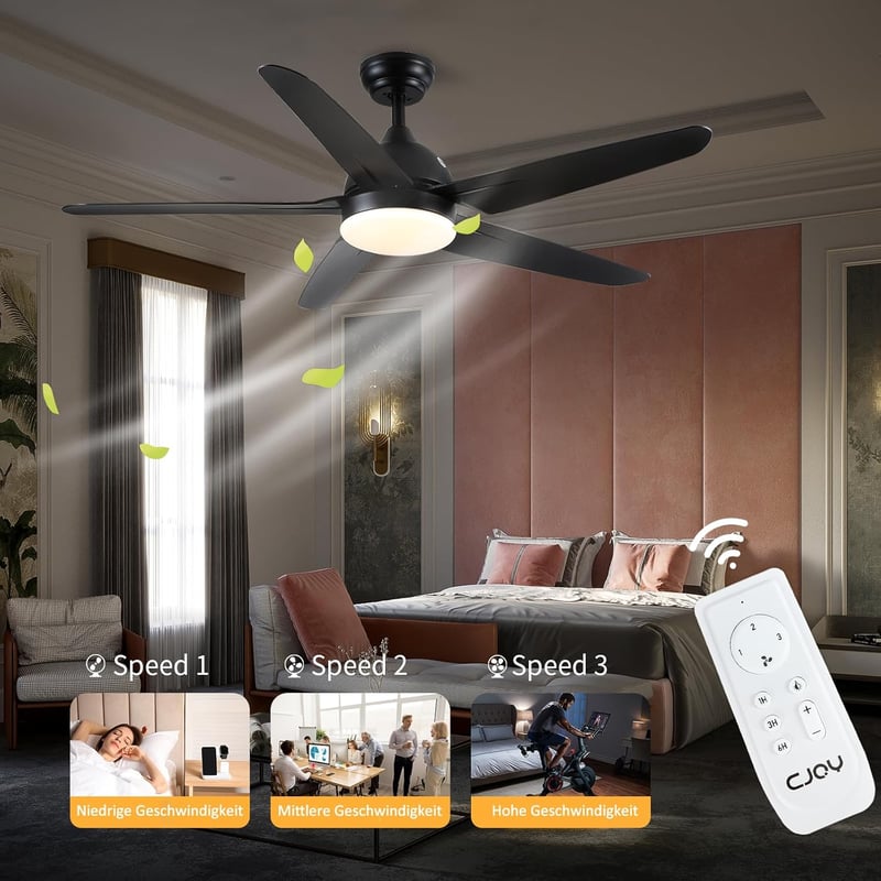 CJOY 132 cm Fekete Mennyezeti Ventilátor Világítással - 3 Színhőmérséklet, 3 Sebesség, Távirányítóval, Csendes Működés, Időzítő, LED Lámpa
