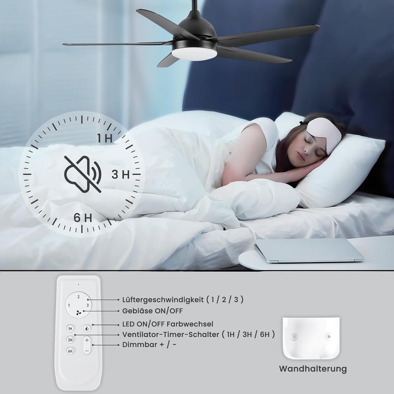 CJOY 132 cm Fekete Mennyezeti Ventilátor Világítással - 3 Színhőmérséklet, 3 Sebesség, Távirányítóval, Csendes Működés, Időzítő, LED Lámpa