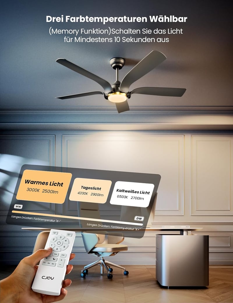 CJOY 142 cm-es mennyezeti ventilátor LED lámpával, távirányítóval, 6 fokozat, fekete-arany - Black Gold