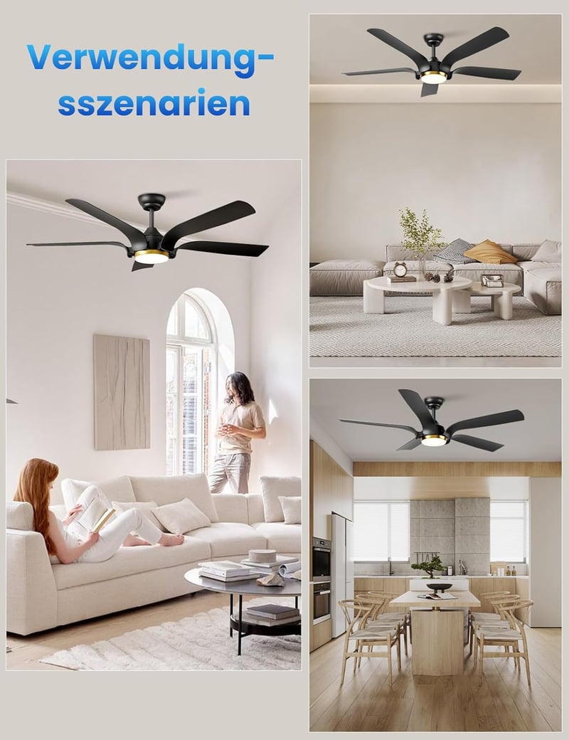 CJOY 142 cm-es mennyezeti ventilátor LED lámpával, távirányítóval, 6 fokozat, fekete-arany - Black Gold
