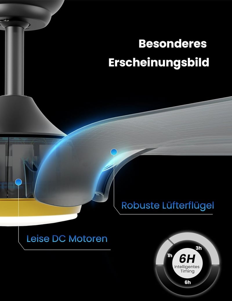 CJOY 142 cm-es mennyezeti ventilátor LED lámpával, távirányítóval, 6 fokozat, fekete-arany - Black Gold