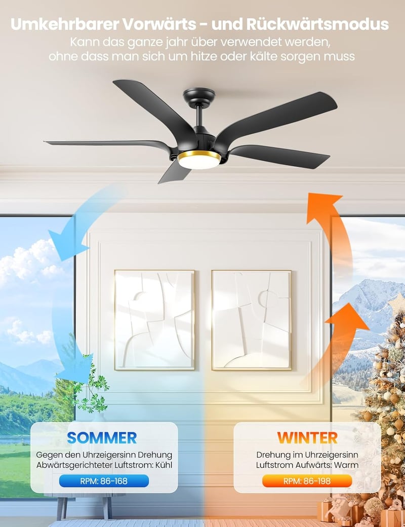 CJOY 142 cm-es mennyezeti ventilátor LED lámpával, távirányítóval, 6 fokozat, fekete-arany - Black Gold