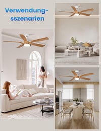 CJOY Stropný ventilátor so svetlom 142 cm, dizajn biele drevo, tiché prúdenie vzduchu, do obývačky a spálne 6